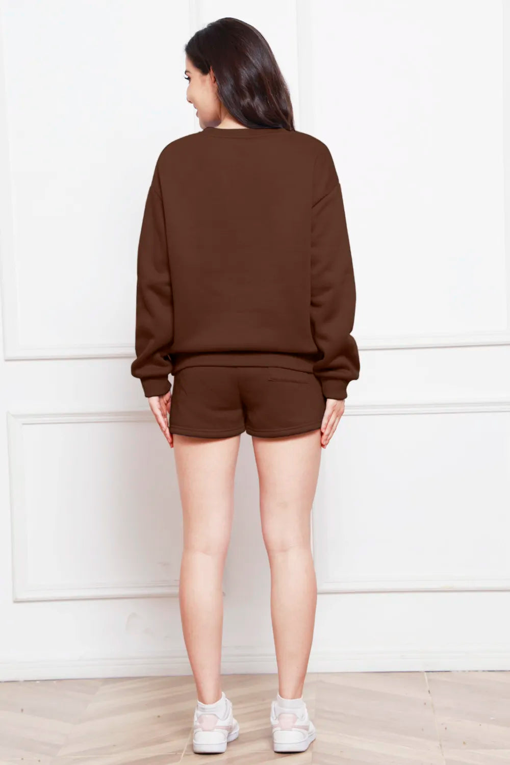 Round Neck Long Sleeve Sweatshirt and Drawstring Shorts Set - Enfance-Heureuse
