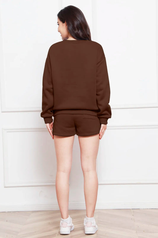 Round Neck Long Sleeve Sweatshirt and Drawstring Shorts Set - Enfance-Heureuse