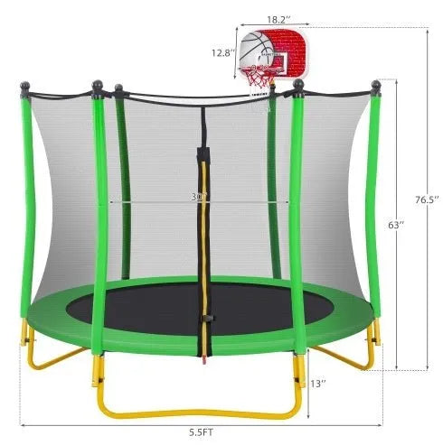 Trampoline de 5,5 pieds pour enfants - Mini trampoline d'extérieur et d'intérieur pour tout-petits de 65 pouces avec enceinte, panier de basket et ballon inclus