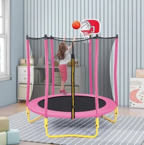 Trampoline de 5,5 pieds pour enfants - Mini trampoline d'extérieur et d'intérieur pour tout-petits de 65 pouces avec enceinte, panier de basket et ballon inclus