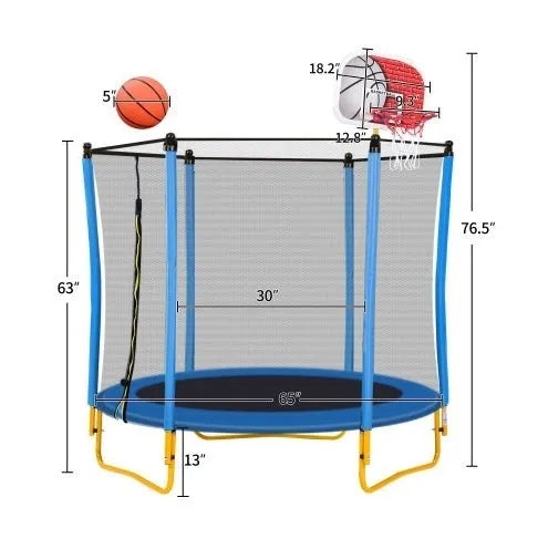 Trampoline de 5,5 pieds pour enfants - Mini trampoline d'extérieur et d'intérieur pour tout-petits de 65 pouces avec enceinte, panier de basket et ballon inclus