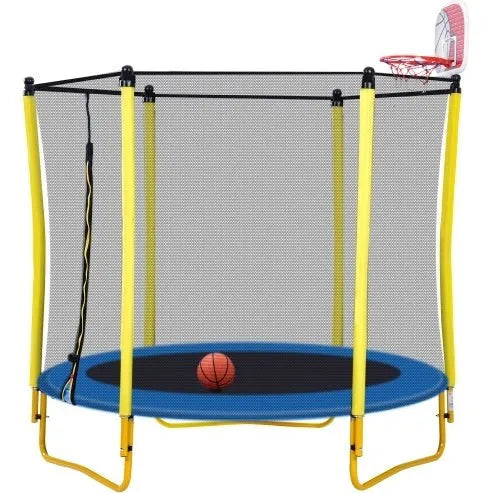 Trampoline de 5,5 pieds pour enfants - Mini trampoline d'extérieur et d'intérieur pour tout-petits de 65 pouces avec enceinte, panier de basket et ballon inclus