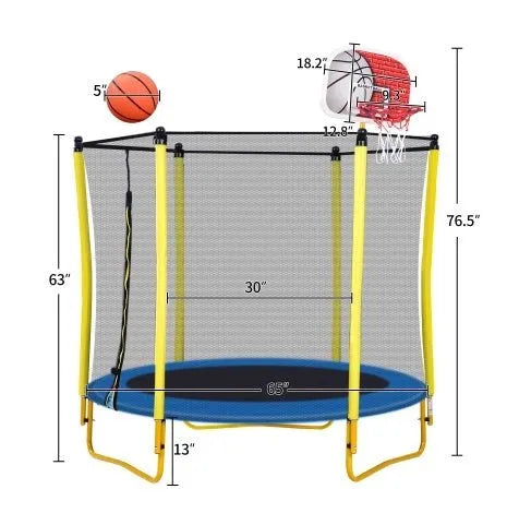 Trampoline de 5,5 pieds pour enfants - Mini trampoline d'extérieur et d'intérieur pour tout-petits de 65 pouces avec enceinte, panier de basket et ballon inclus