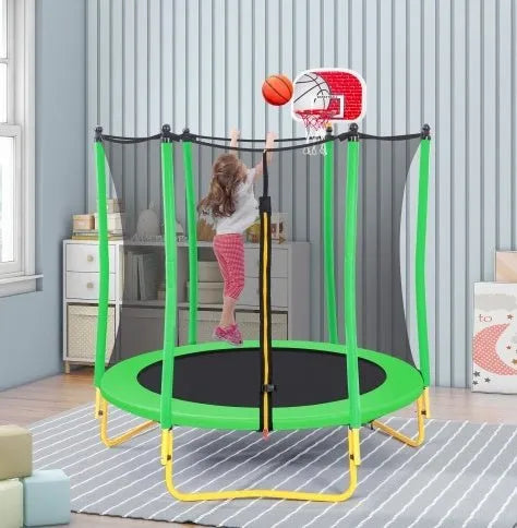 5.5FT Trampoline For Kids -65 Outdoor & Indoor Mini Toddler Trampoline With Enclosure, Basketball Hoop And Ball Included - Enfance-Heureuse