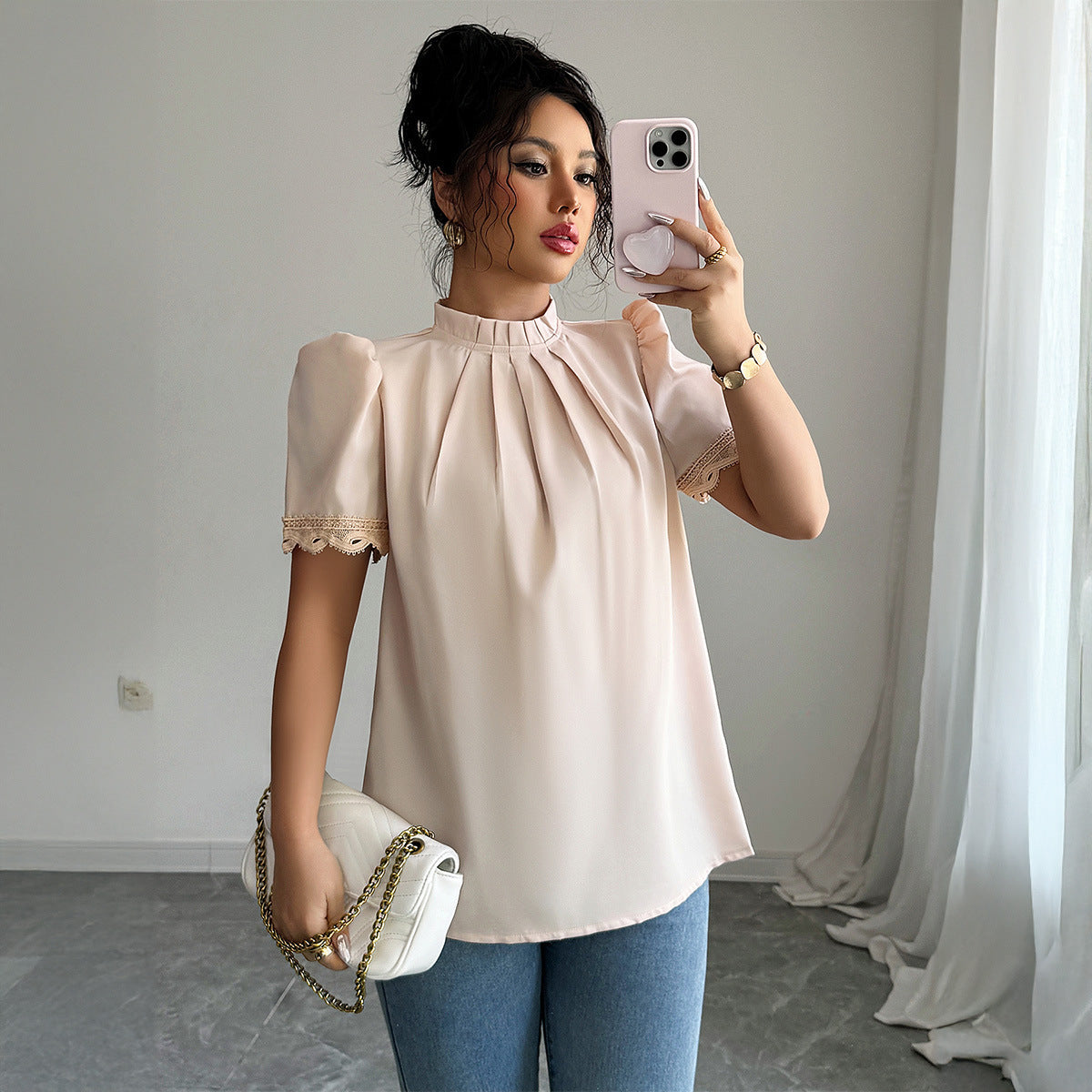 Simple Fashion Style Embroidered Sleeve Round Neck Blouse Women's Shirt - Enfance-Heureuse