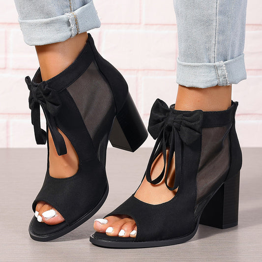 Large Size Thick Heel High Heels Women's Bow Sandals - Enfance-Heureuse