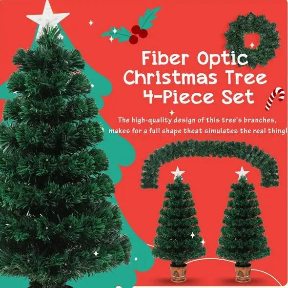 Pre-lit Optical Fiber Christmas Artificial Tree 4-Piece Set, Christmas Garland, Wreath And Set Of 2 Entrance Trees With Colorful Lights, PVC Festival Celebration Set - Enfance-Heureuse