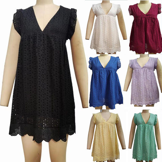 Lace Dresses With Pocket Summer Sleeveless Jacquard Cutout V-Neck Beach Dress - Enfance-Heureuse