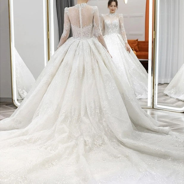 Long Sleeve French Vintage Light Wedding Dress Bride - Enfance-Heureuse