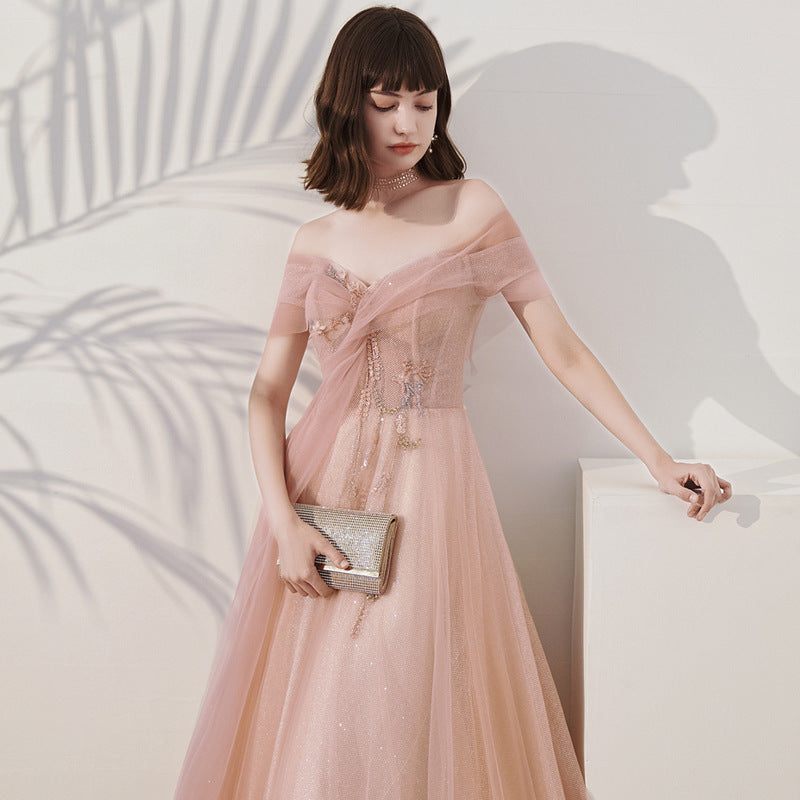 One Shoulder Slim Fairy Aura Light Gauze Bridesmaid Dress - Enfance-Heureuse