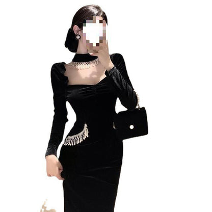 Puffy Sleeves Square Collar Pearl Bib Velvet Black Dress Dress - Enfance-Heureuse