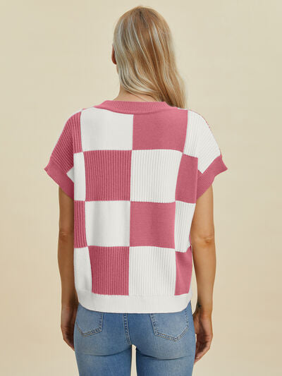 Double Take Full Size Checkered Round Neck Short Sleeve Sweater - Enfance-Heureuse