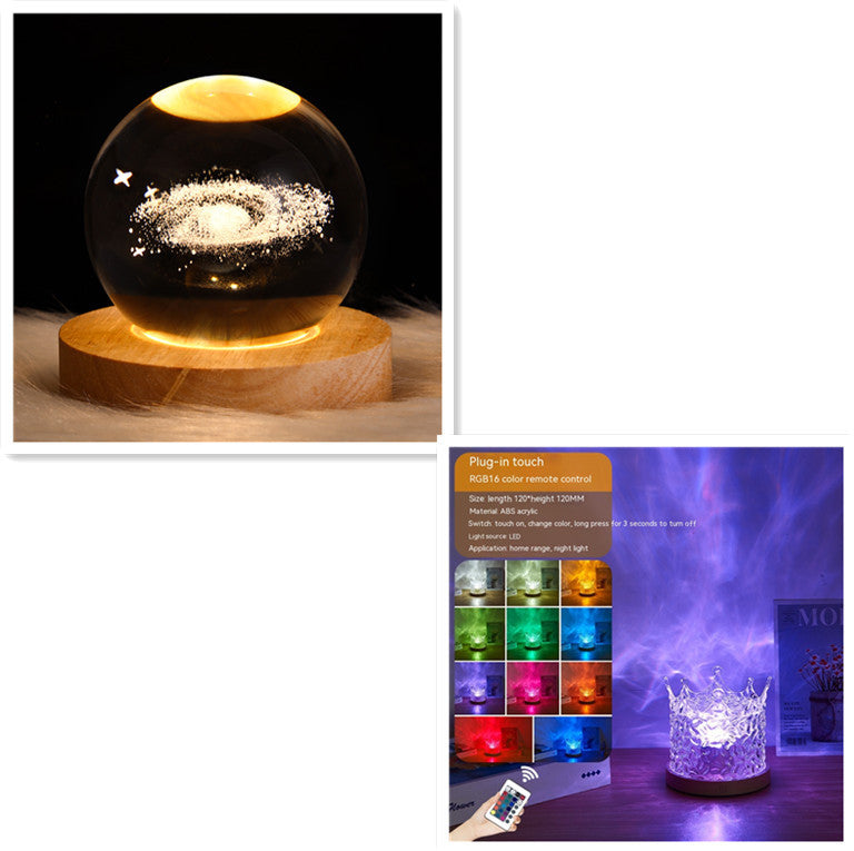 LED Water Ripple Ambient Night Light USB Rotating Projection Crystal Table Lamp RGB Dimmable Home Decoration 16 Color Gifts - Enfance-Heureuse