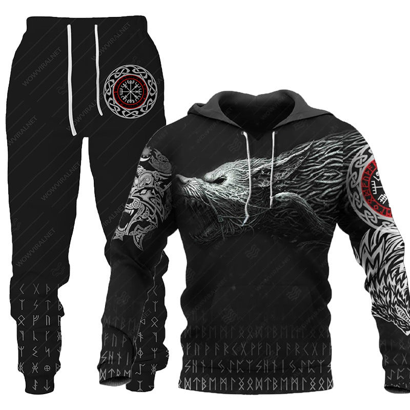 3D Wolf Print Tracksuit Men Sportswear Hooded Sweatsuit Two Piece Outdoors Running Fitness Mens Clothing Jogging Set - Enfance-Heureuse
