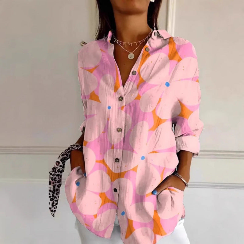 Floral Print Long-sleeved Shirt Women's Casual Button Tops Clothing - Enfance-Heureuse