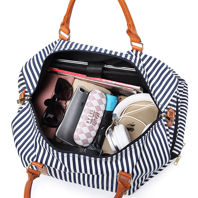 New Fashion Stripe Contrast Color and Leather Canvas Big Bag - Enfance-Heureuse