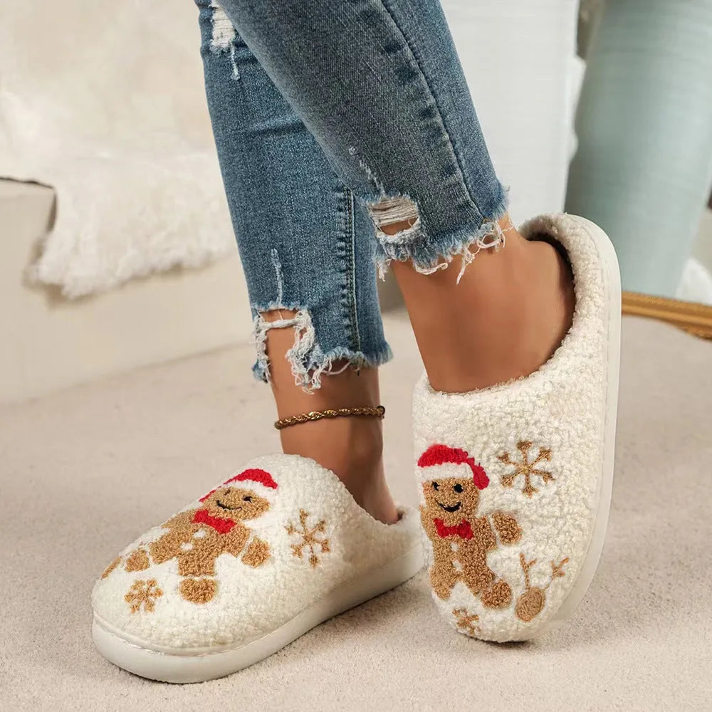 Christmas Snowflake Gingerbread Slippers Winter Indoor Non-slip Floor Bedroom Fuzzy House Shoes For Women Home Slippers - Enfance-Heureuse