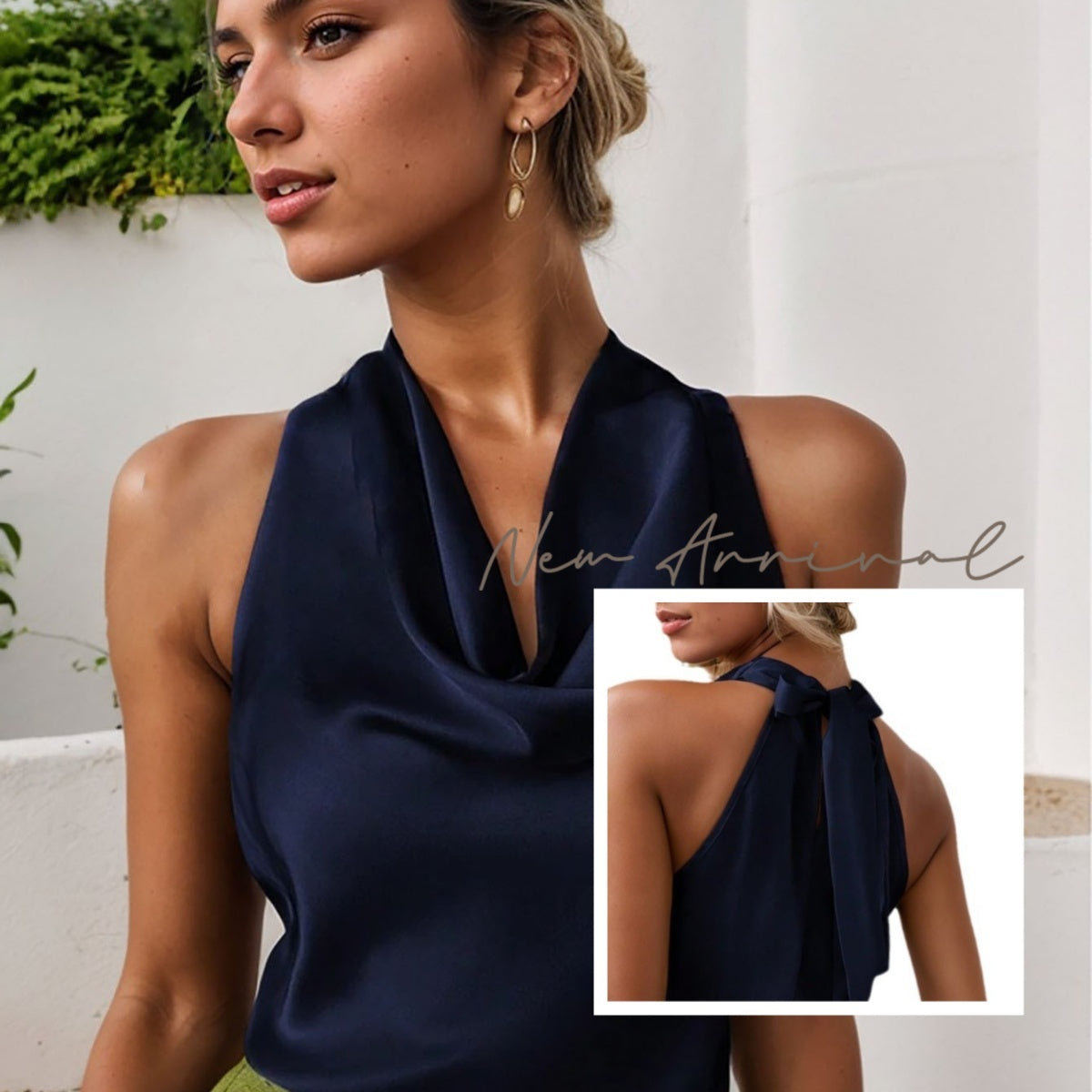 Women Solid Color Swing Collar Sleeveless Vest Trendy Elegant Shirt With Halter Neckline Backless Short Sleeve Tops Tshirts - Enfance-Heureuse
