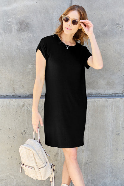 Basic Bae Bamboo Full Size Round Neck Short Sleeve Dress with Pockets - Enfance-Heureuse