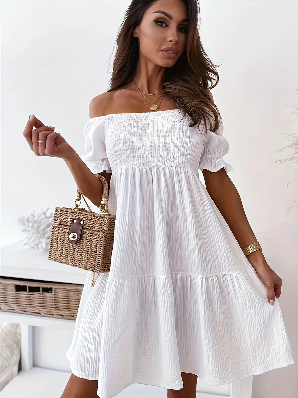 Full Size Ruffled Off-Shoulder Short Sleeve Dress - Enfance-Heureuse