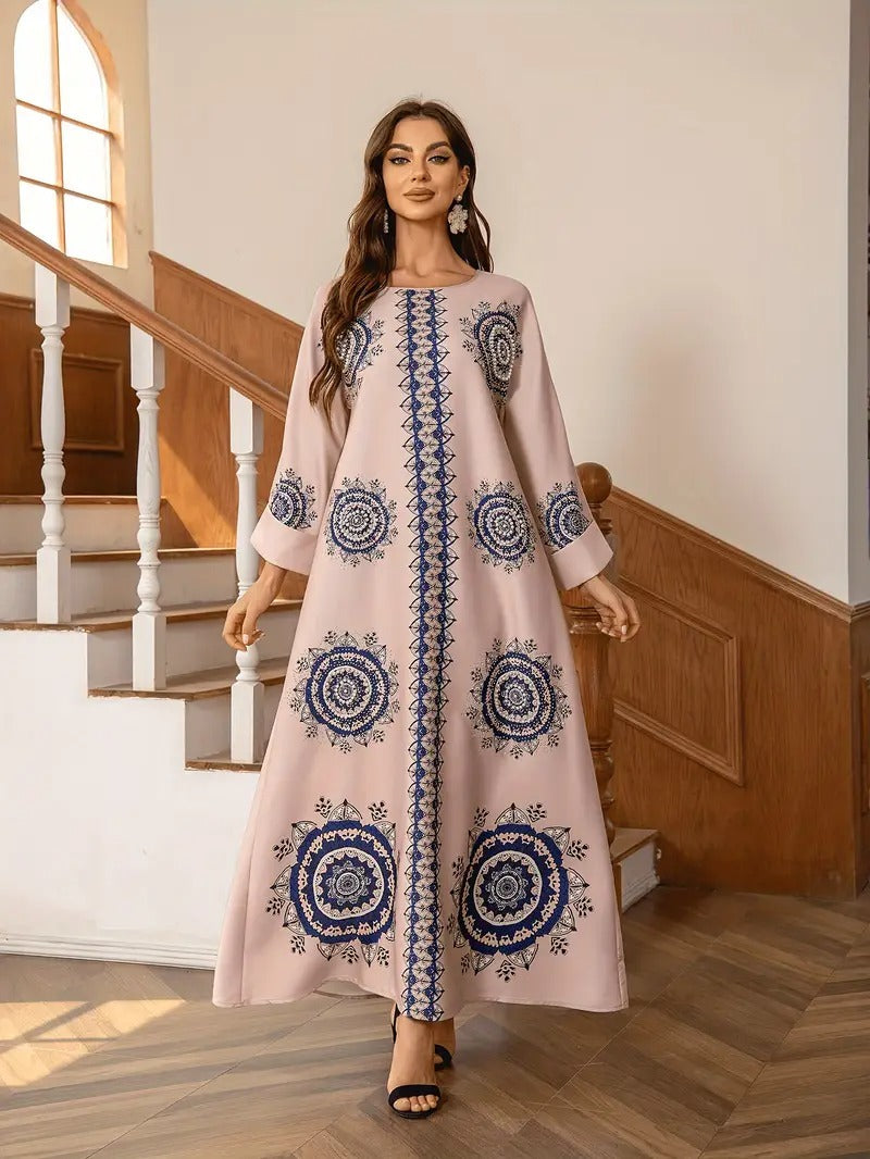 Long Women's Robe, Round Neck And Printed Dress - Enfance-Heureuse