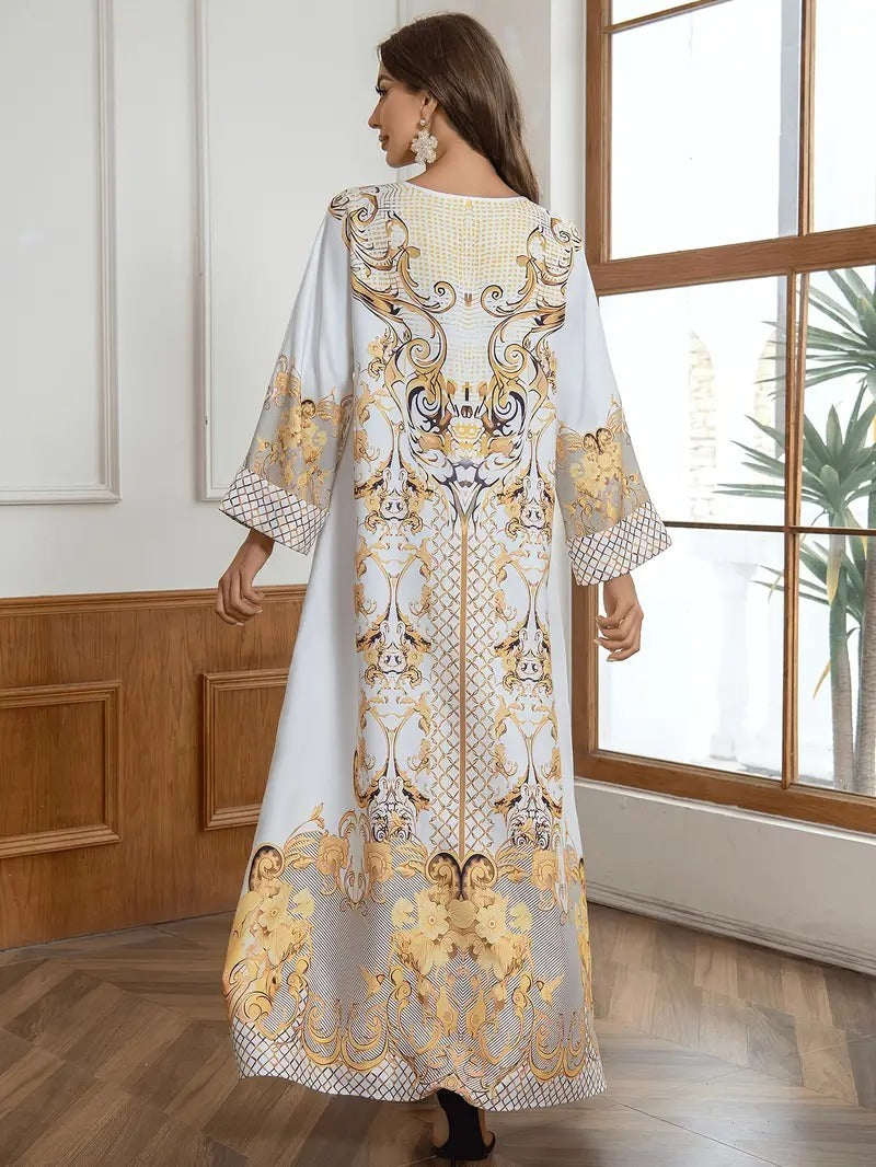 Ladies' Round Neck Rhinestone Decorative Print Long Abayalian Dress - Enfance-Heureuse