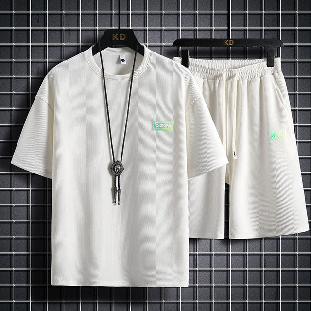 Tracksuit Short Sleeve Set Waffle Cotton Breathable Plaid Fabric Mens Casual Two Piece Set Fashion Sports Suit - Enfance-Heureuse