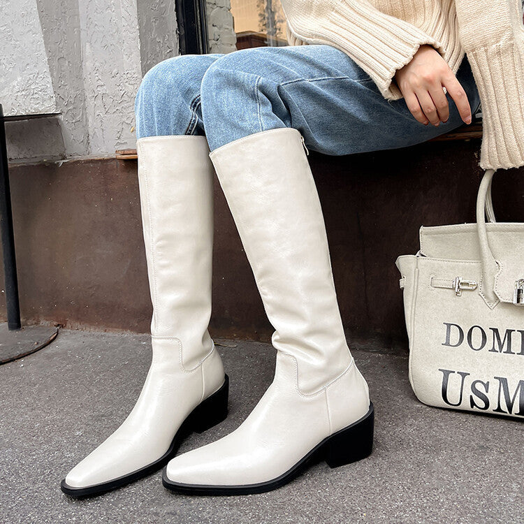 British Style Square Toe Mid-heel Thick Heel White Cowhide High Leg Boot Back Zipper - Enfance-Heureuse