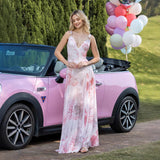 V-neck Strap Printed Semi-transparent Dress - Enfance-Heureuse