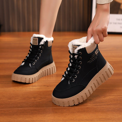 Ins Lace-up Snow Boots Winter Warm Fleece Flat Shoes For Women Fashion Casual Plush Ankle Boot - Enfance-Heureuse
