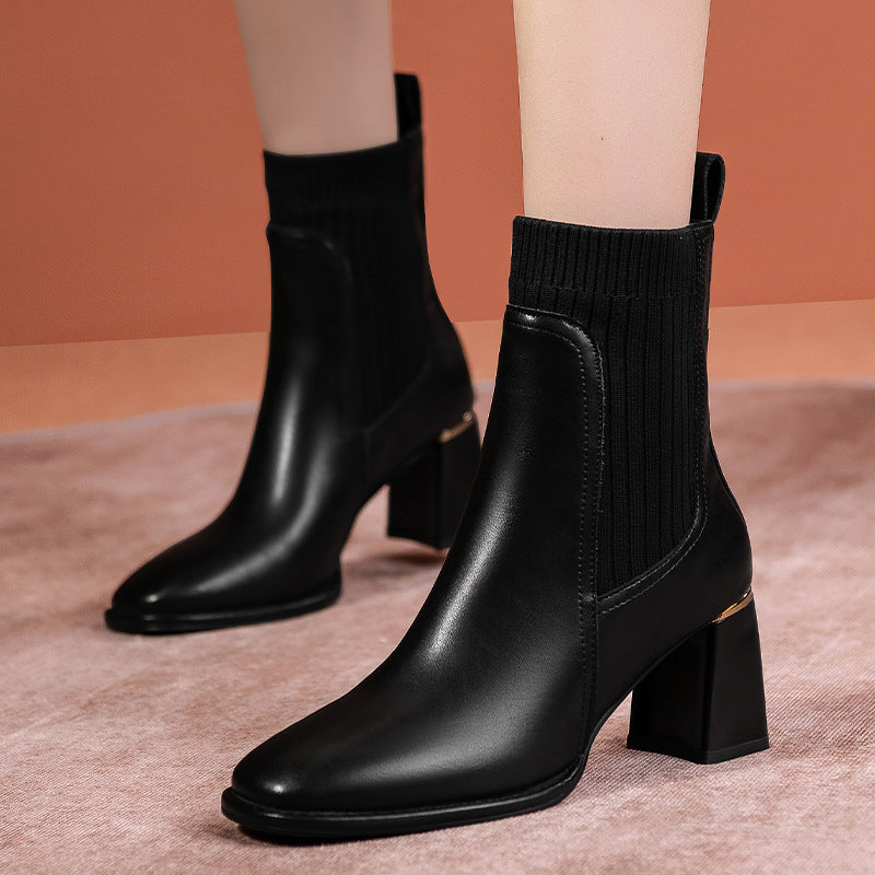Thick Heel Round Toe Mid-heel Retro Mid-tube Women's Shoes - Enfance-Heureuse