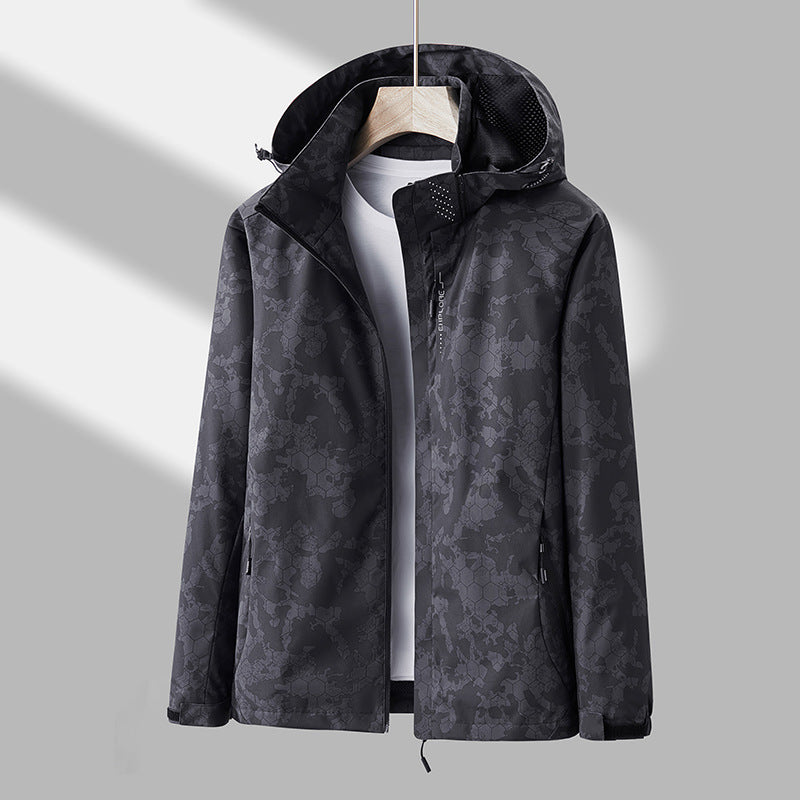 Printed Hooded Windbreaker Unisex Fashion Solid Color Zip-up Jacket Waterproof Windproof Outwear For Women Men Clothing - Enfance-Heureuse