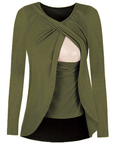 Chemisier de maternité européen en coton à col rond pouvant dévoiler l'allaitement des femmes enceintes, chemisier de loisirs de couleur unie tout-assorti 8962