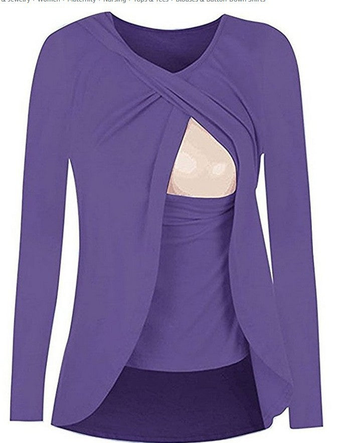 Europe maternity cotton round neck can uncover feeding pregnant women leisure all-match solid color shirt blouse 8962 - Enfance-Heureuse