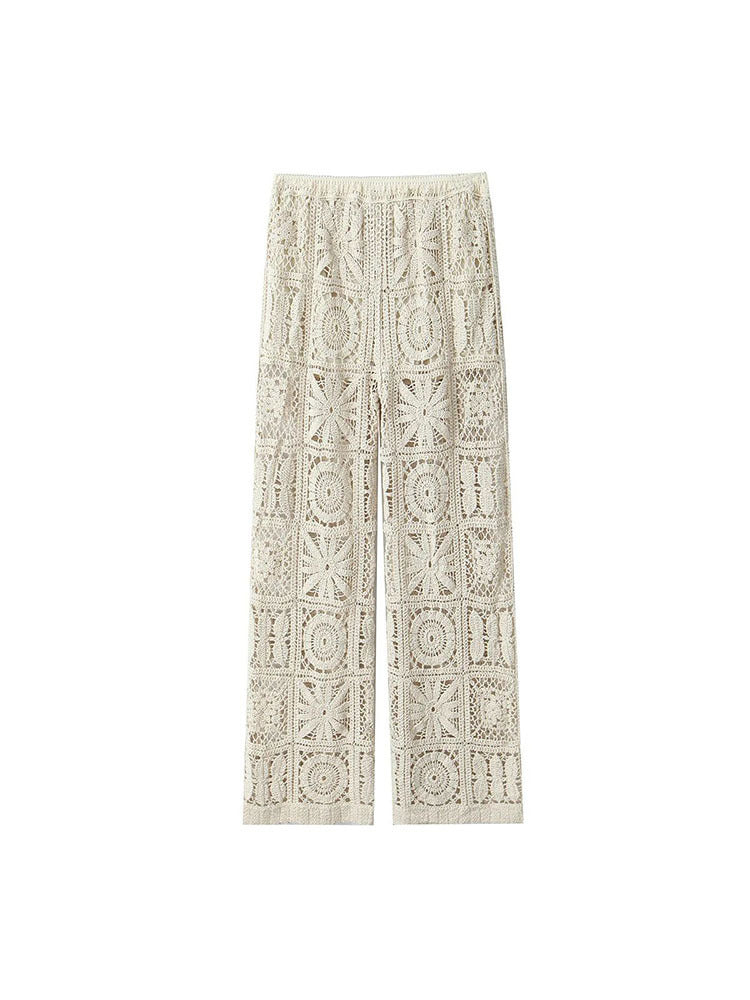 Women's Fashion Three-dimensional Hollow-out Crocheted V-neck Knitted Cardigan Wide-leg Lace Pants - Enfance-Heureuse