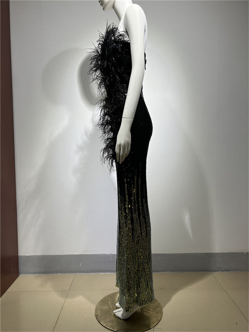 Ostrich Feather Gradient Sequin Tube Top Jumpsuit - Enfance-Heureuse
