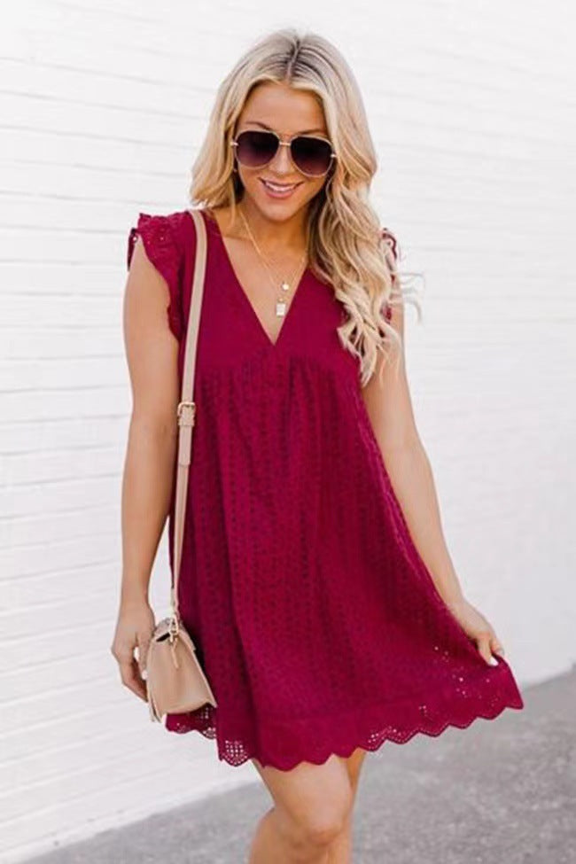 Lace Dresses With Pocket Summer Sleeveless Jacquard Cutout V-Neck Beach Dress - Enfance-Heureuse