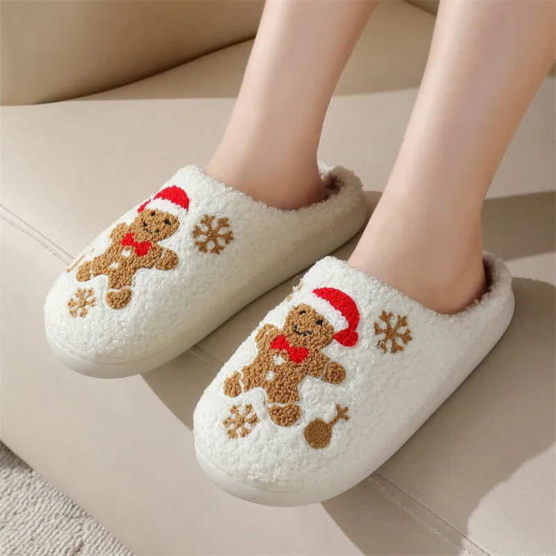 Christmas Snowflake Gingerbread Slippers Winter Indoor Non-slip Floor Bedroom Fuzzy House Shoes For Women Home Slippers - Enfance-Heureuse
