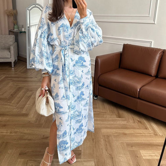 Vintage Ink Print Long Sleeve Cardigan Tied Dress - Enfance-Heureuse