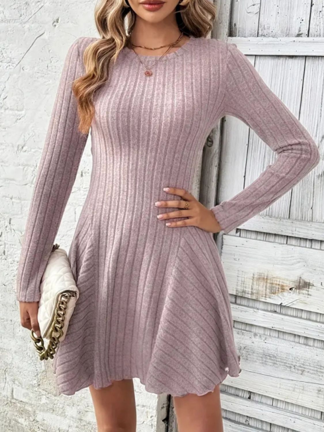 Ribbed Round Neck Long Sleeve Mini Dress - Enfance-Heureuse