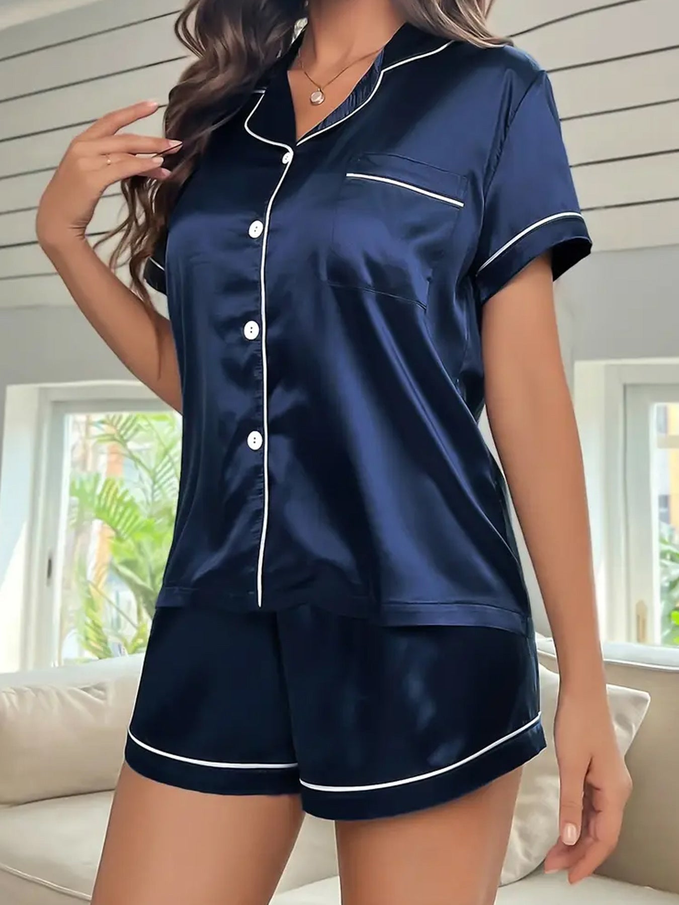 Silk-like Comfortable Breathable Cardigan Pajamas Short-sleeved Shorts Home Wear Suit - Enfance-Heureuse