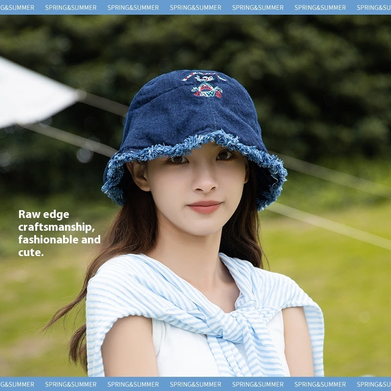 Japanese Shark Cartoon Bucket Hat Washed Denim Big Head Circumference Sun-proof Basin Hat