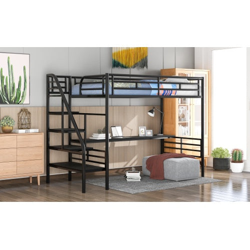 Metal Loft Bed Frame With Desk, No Box Spring Needed,Twin ,Black - Enfance-Heureuse