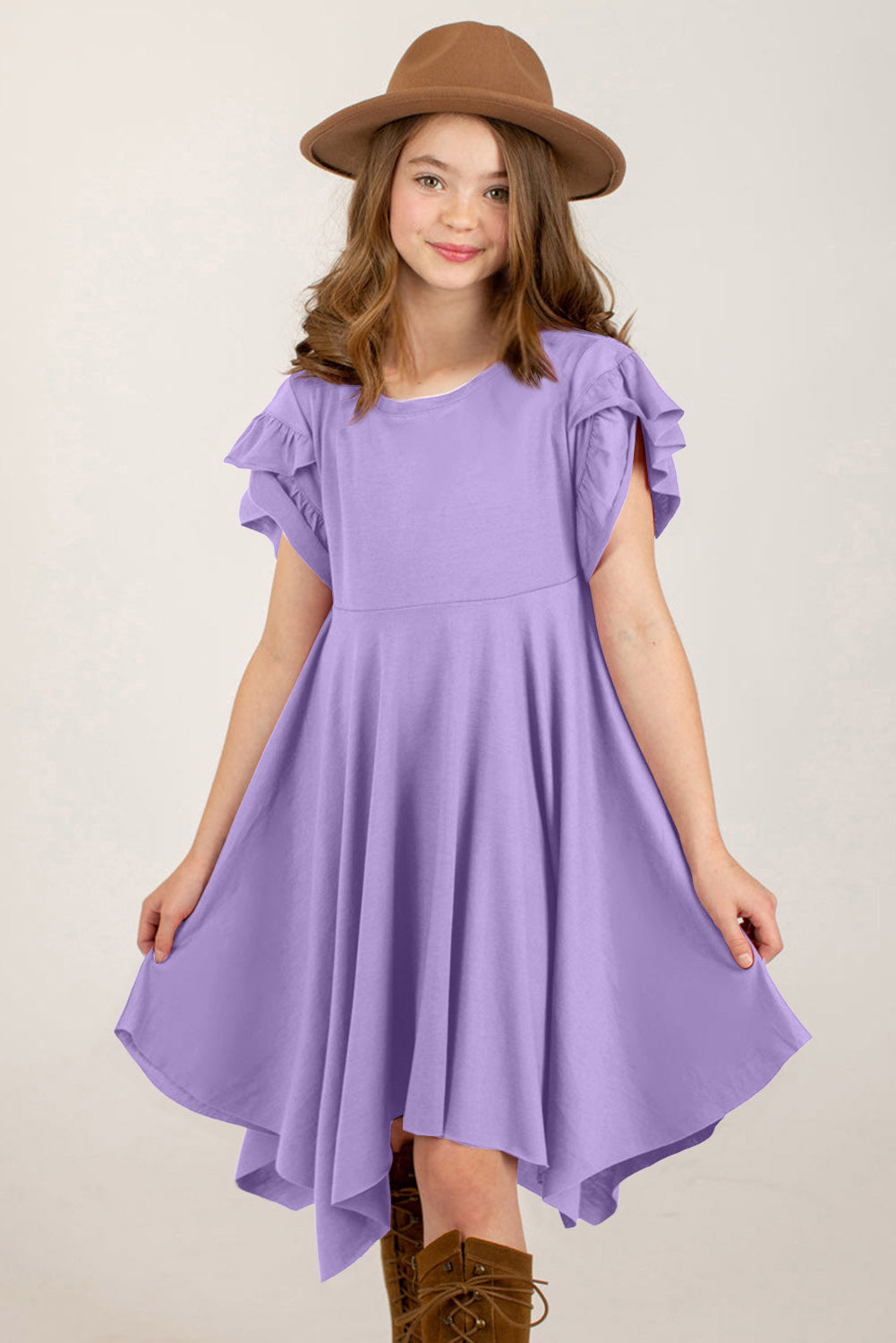 Round Neck Petal Sleeve Dress - Enfance-Heureuse
