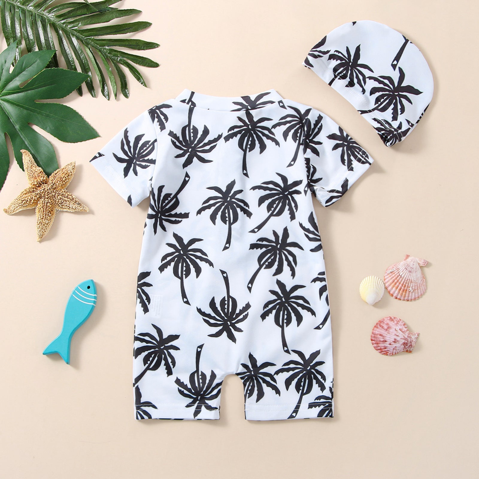 Boys' Cotton One-piece Swimsuit Cartoon Coconut Tree Printed Tape Hat - Enfance-Heureuse