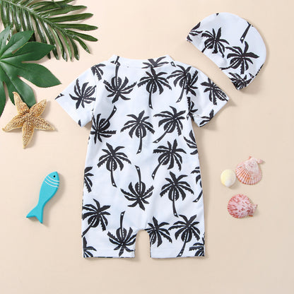Boys' Cotton One-piece Swimsuit Cartoon Coconut Tree Printed Tape Hat - Enfance-Heureuse