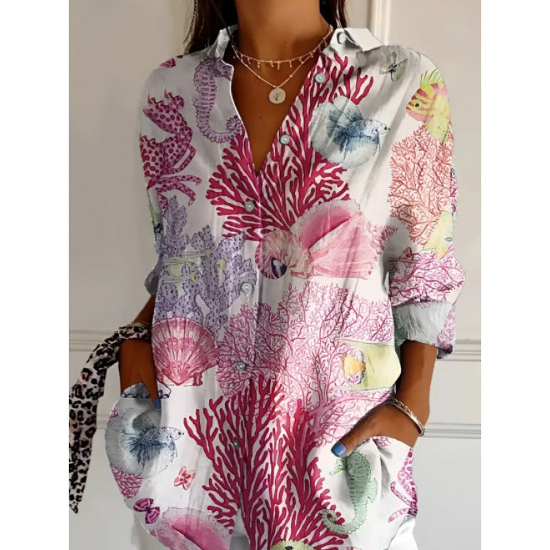 Floral Print Long-sleeved Shirt Women's Casual Button Tops Clothing - Enfance-Heureuse