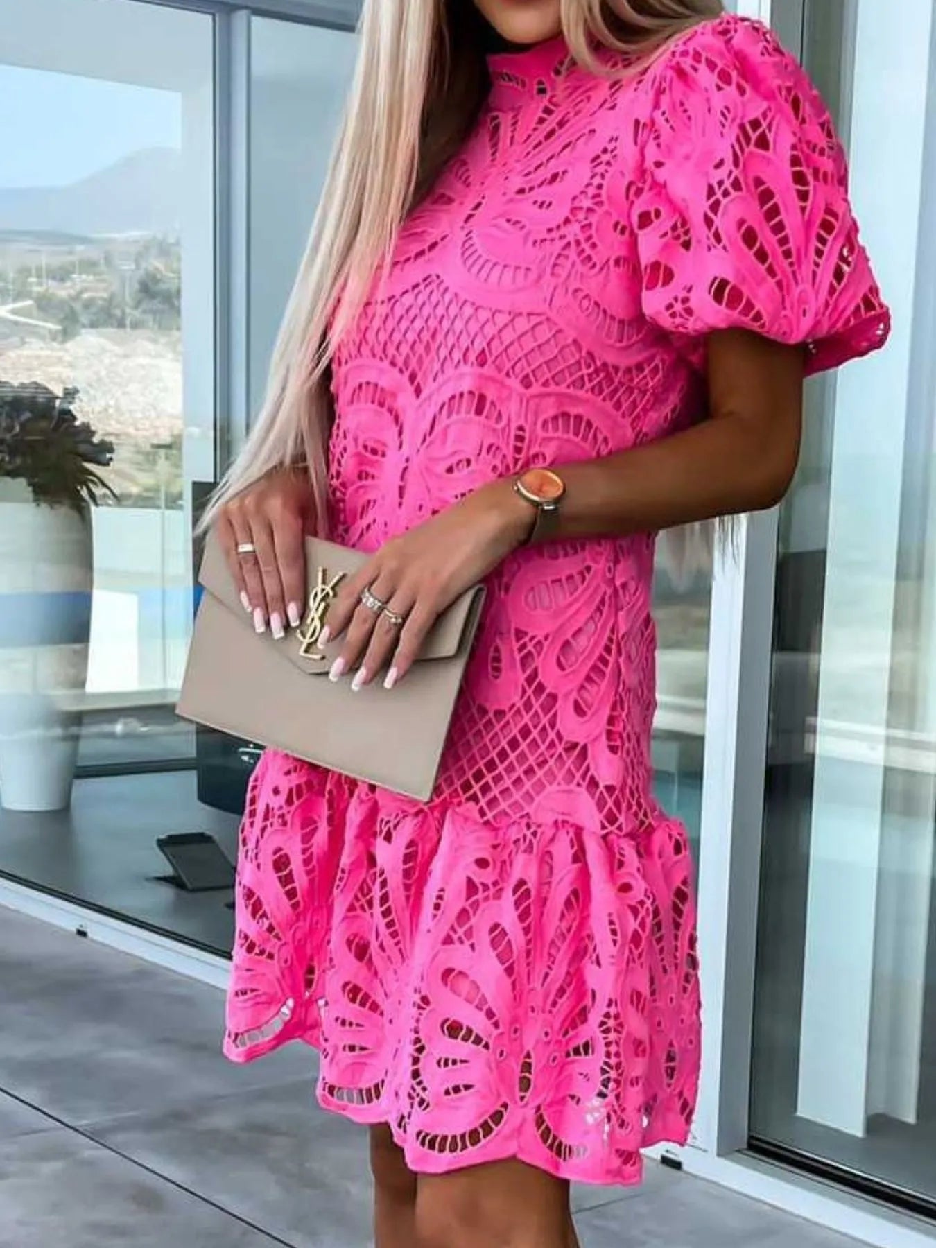 Lace Mock Neck Puff Sleeve Dress - Enfance-Heureuse