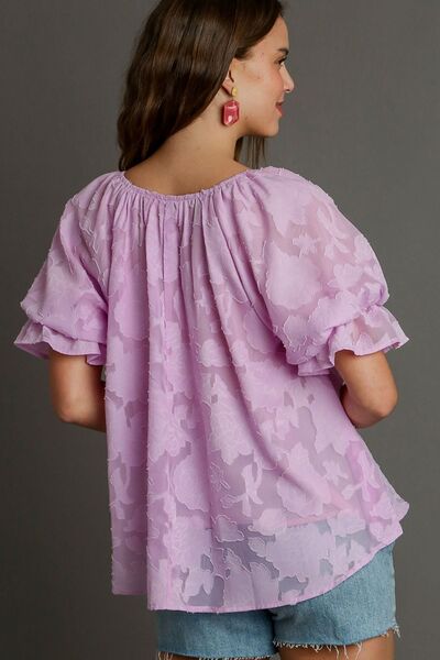 Umgee Full Size Jacquard Round Neck Ruffled Puff Sleeve Blouse Plus Size - Enfance-Heureuse