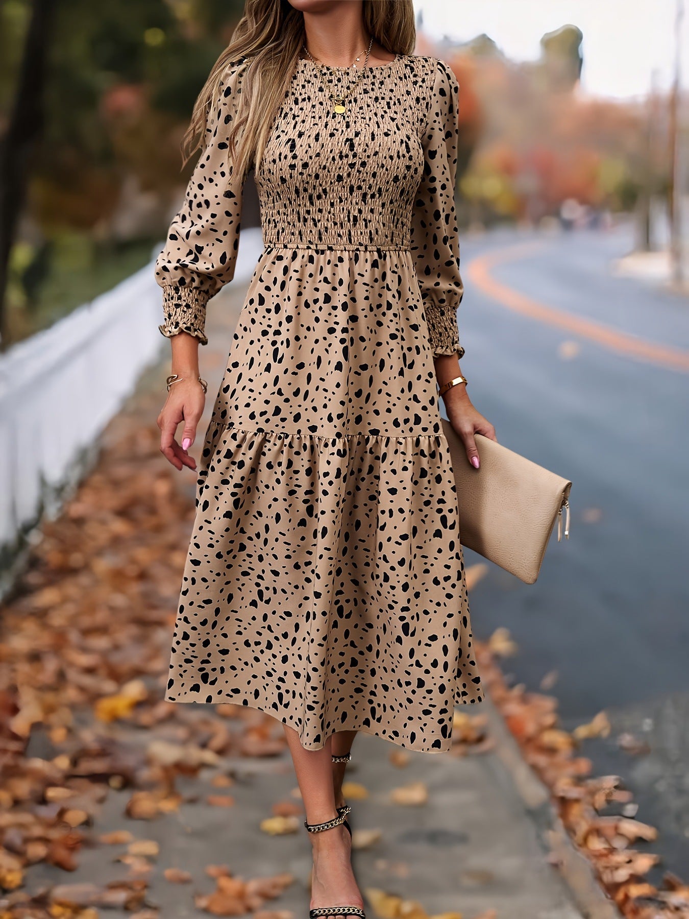 Women's Clothing Leopard Print Long Sleeve Dress - Enfance-Heureuse